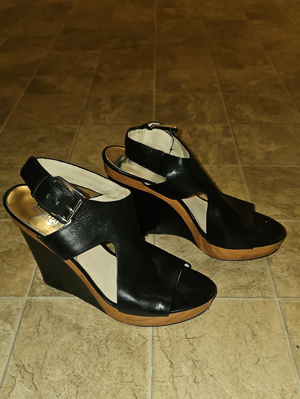 Black Leather MK Wedge Sandals with Buckle Strap